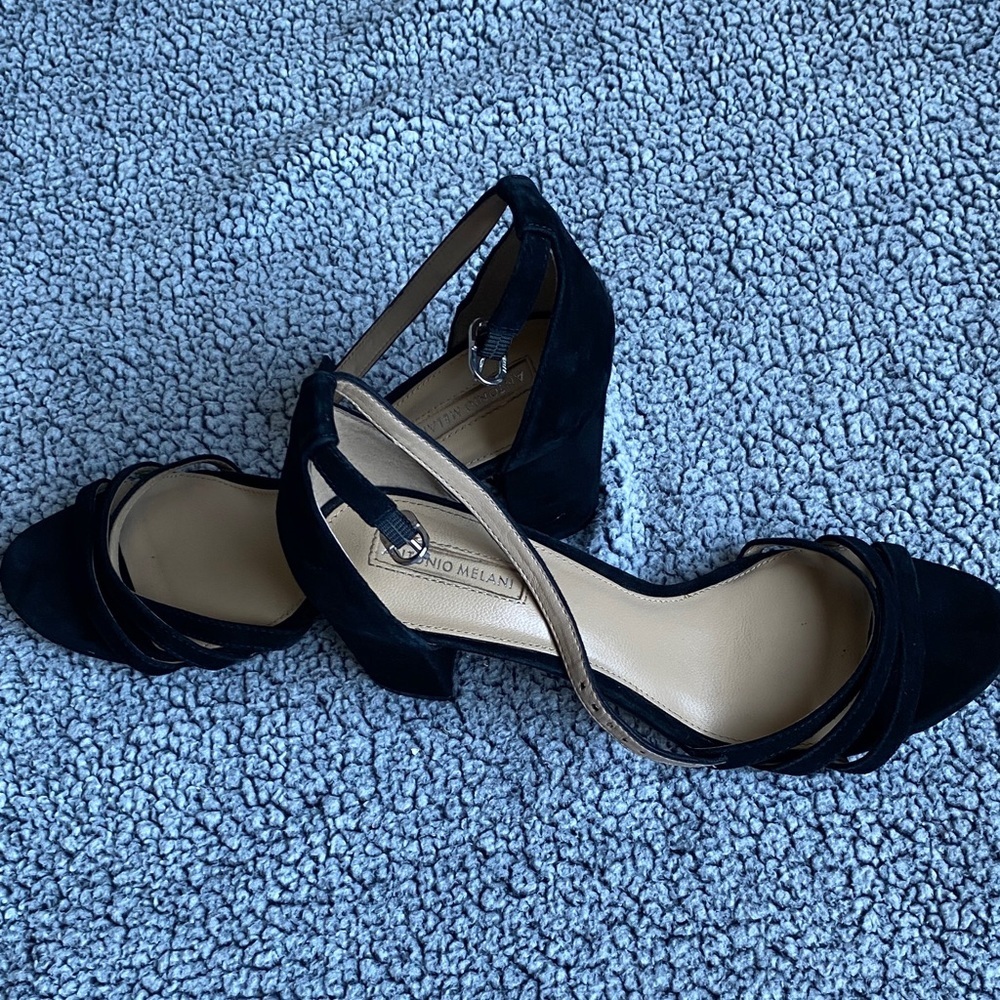 ANTONIO MELANI Black Suede Strappy Ankle-Heel Sandals - Picture 4 of 6